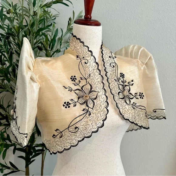 Dresses Natural Black Organza Terno Sleeve Filipiniana Bolero